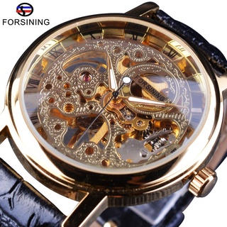 Forsining 2017 Retro Skeleton Clock Mechanical Hand Wind Watches Black Band Transparent Case Mens Wristwatches Luminous