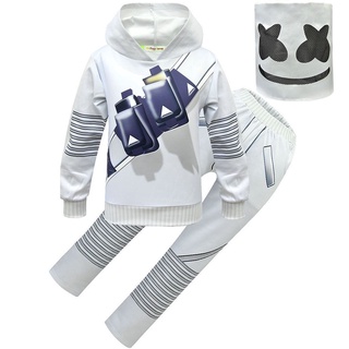 DJ Marshmallow Cosplay Costume Kids Hoodie + Pants Mask Fancy Dress Clothes Set