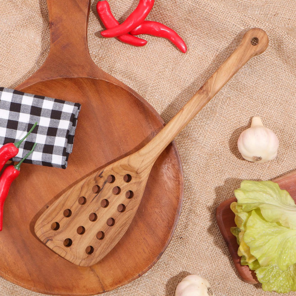 TEAK WOOD HOLE SPATULA FRYING SPOON