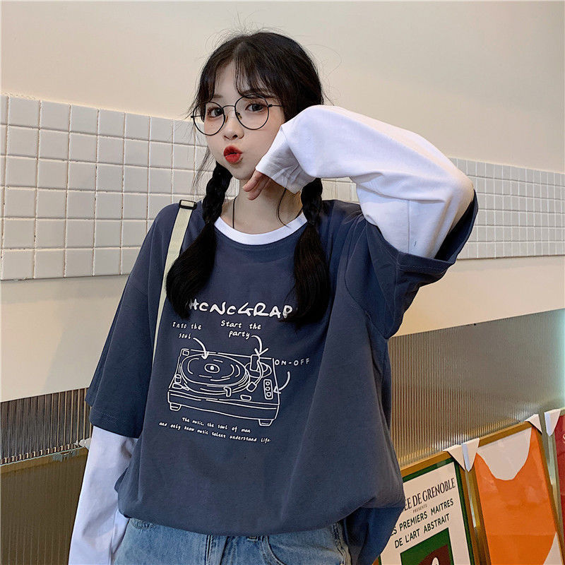ฤดูใบไม้ร่วงบาง Splicing แขนยาวเสื้อยืดสำหรับผู้หญิง
