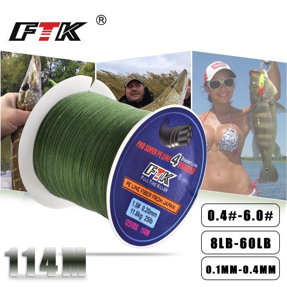 Ftk สายเอ็นตกปลา PE แบบถัก 114 ม. 8-60LB 0.1-0.4 มม. 4 เส้น 115 ม. สีเหลืองเข้ม สีเขียวเข้ม