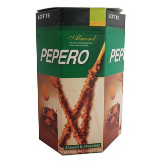 Lotte Pepero Almond Chocolate Biscuit Stick 1 Box (4 Bags) 128g. ลอตเต้ เปปเปอโร อัลมอนด์ 128กรัม.