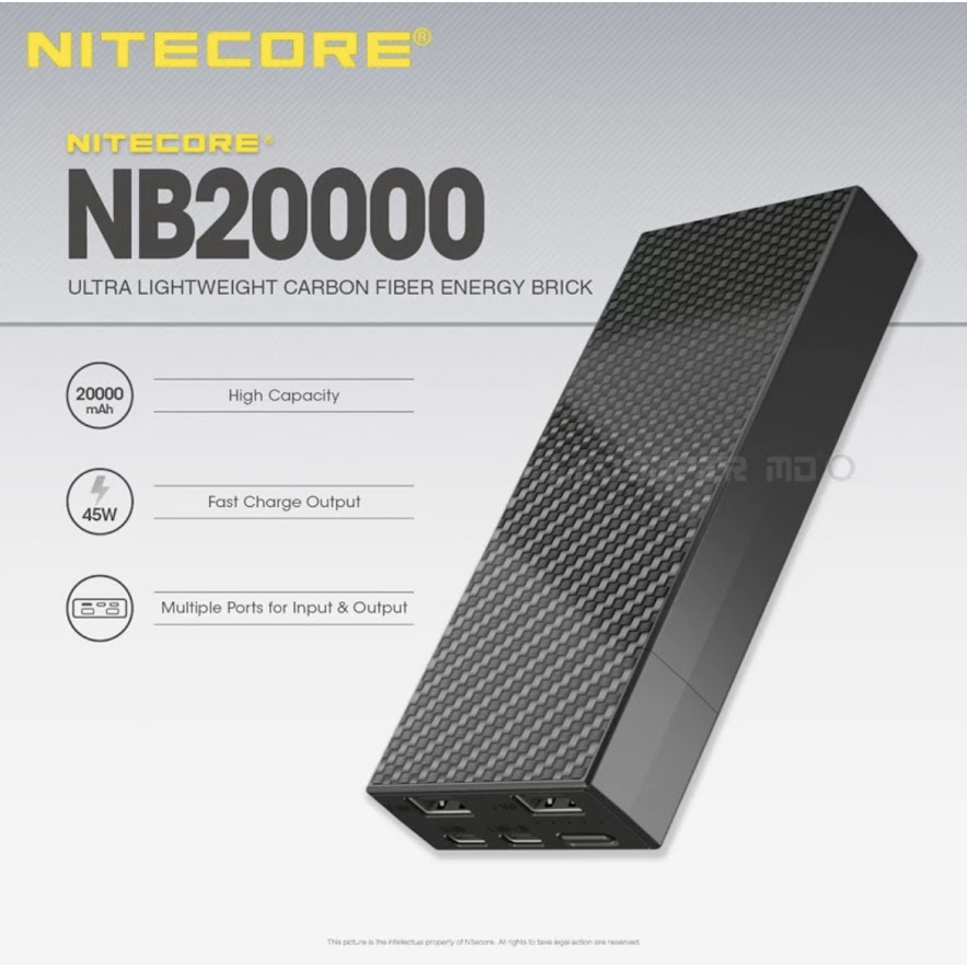 พร้อมส่ง Interwoven คาร์บอนไฟเบอร์แผ่น Nitecore NB20000 / NB10000 QC USB 4 / 1Port 20000MAh Power Bank