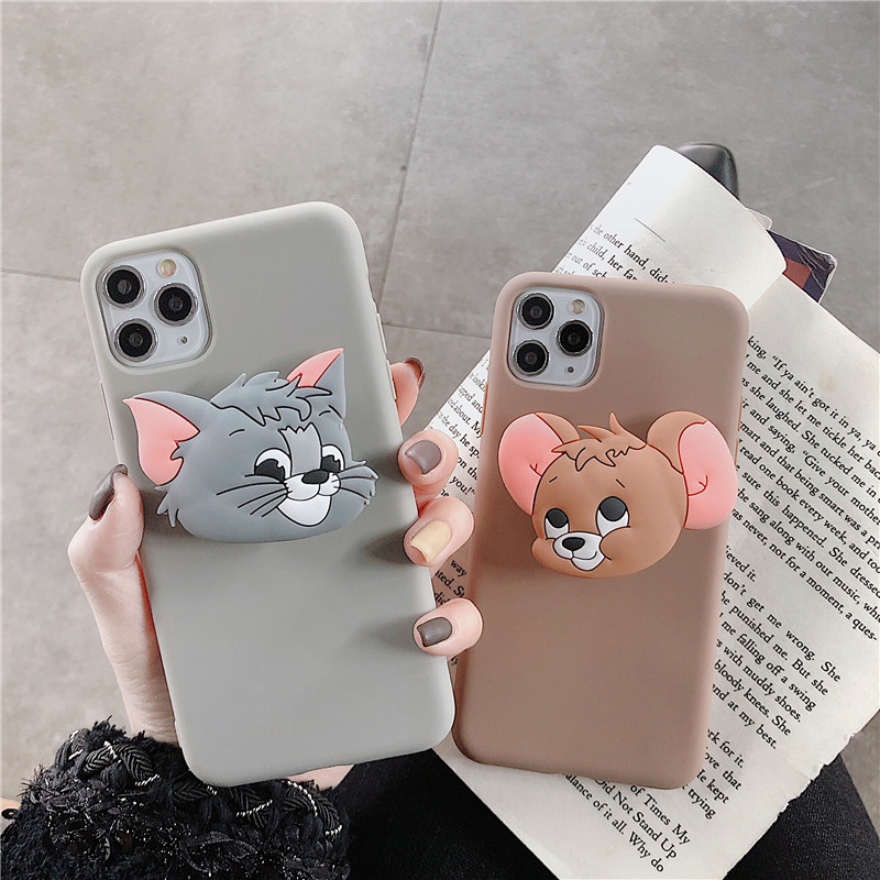 เคส Huawei Nova 5T 4 3 3i 3e 2i Y9s Y9 Y7 Y7P Y6P Y6 Y5P Y5 P30 Lite Pro Prime 2018 2019 2020 Solid Color soft TPU Case Cover + 3D Cartoon Naughty Cat &amp; Mouse Stand
