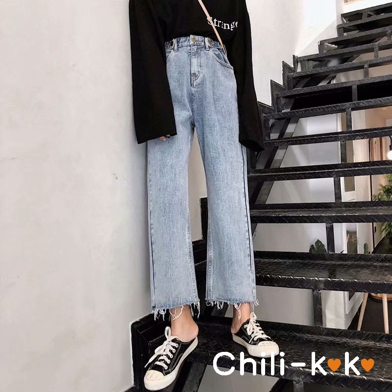 Chili_k❤️k❤️ 308 กาวเกงยีนส์ขายาว กางเกงยีนส์เอวสูง ทรงกระบอก สียีนส์อ่อน แฟชั่นเกาหลีผู้หญิงวัยรุ่น jeans