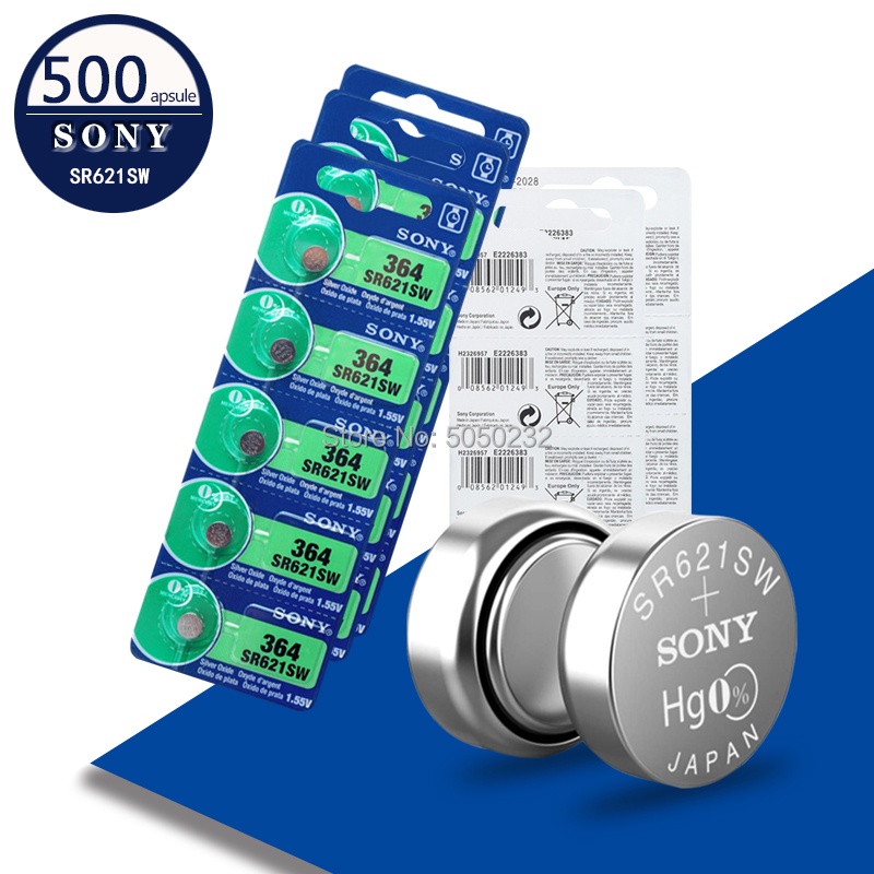 500pcs Sony 364 100% Original 1.55V Silver Oxide Watch Battery 364 SR621SW V364 SR60 SR621 AG1 Butto