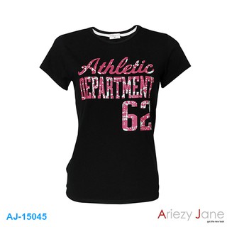 Ariezy Jane AJ-15045  เสื้อยืดคอกลมแขนสั้นสีดำพิมพิ์ลายผ้า 100%cotton