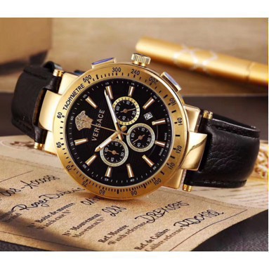 Versace Versace VFG ของผู้ชายชุดนาฬิกาสามตาโครโนกราฟผู้ชายเคลื่อนไหวนาฬิกาควอทซ์สวิสนาฬิกาแฟชั่นคลาส