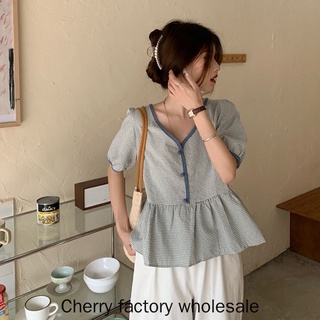 แฟชั่นสตรีเสื้อเชิ้ตแขนสั้นคอวีพิมพ์ลายตุ๊กตา