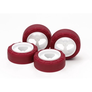 Tamiya 95634 Mini 4WD Special Planning Low Friction Small Diameter Low Tire (24mm) &amp; 3 Spoke Wheels White/Maroon