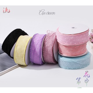 พร้อมส่ง ริบบิ้นผ้าโปร่งแบบปุ่ม snow  เย็บขอบ ริบบิ้นผ้าเกาหลี กว้าง 5.5 ซม. (ขายเป็นหลา)