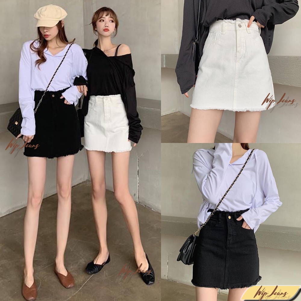 พร้อมส่ง กระโปรงยีนส์ผู้หญิง ปลายรุ่ย ปลายขาด แต่งสวย กระโปรงยีนส์ ขาว ดำ