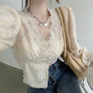 พร้อมส่ง🔥 เสื้อเชิ้ตออฟไวท์ เสื้อเชิ้ตลูกไม้เกาหลี สลิมคอวี สลิม เสื้อเชิ้ตแขนยาวย้อนยุค