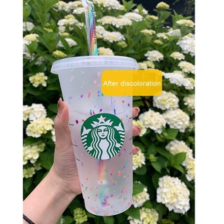 700ml แก้วสตาร์บัคส์ถ้วยฟางพลาสติกพร้อมฝาถ้วยเปลี่ยนสีความรู้สึกอุณหภูมิ (บรรจุกล่อง)