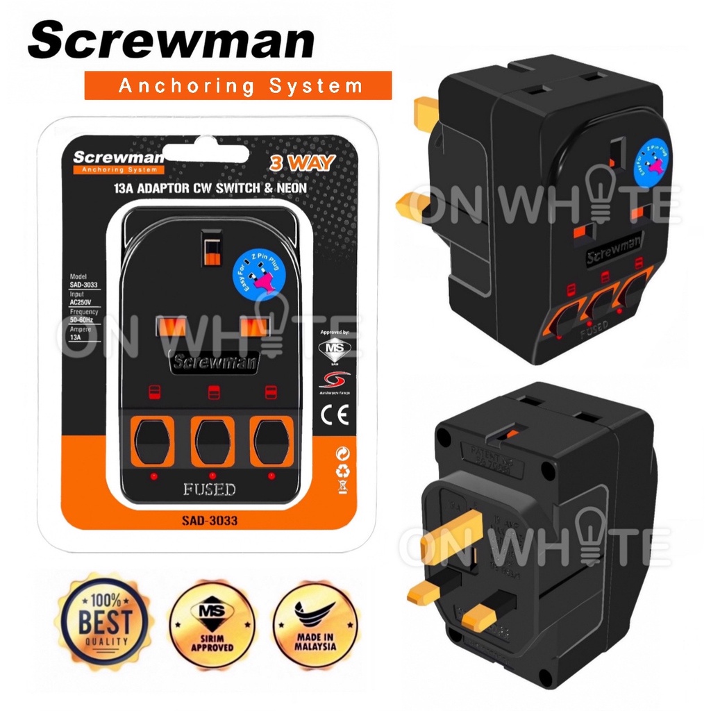 3 Way Adaptor with Neon Switch 13A SCREWMAN [SIRIM] 3Way EURO/RLT/LEMAX/LMX/SELAMAT/UMS/KSE/MK/ME/TB