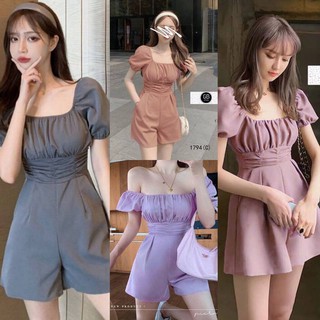 BS1794  Jumpsuit จั้มสูทขาสั้นเอวสูง ดีเทบจับจีบย่นด้านหน้า สม้อกแขนเกาะไหล่ เนื้อผ้าซาร่า งานซิปหลัง งานน่ารักๆ มากๆ พร