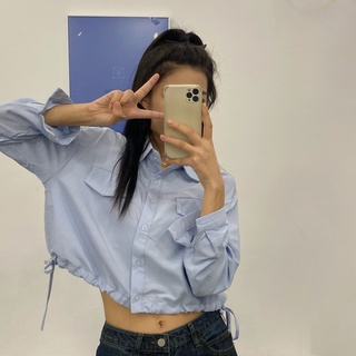 เสื้อครอปแขนยาว แบบผูกเชือก สไตล์เกาหลี สําหรับผู้หญิง