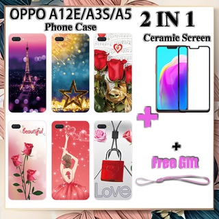 2 IN 1 เคสโทรศัพท์ OPPO A12E A3S A5 พร้อมกระจกนิรภัยกันรอยหน้าจอ เซรามิค ฟิล์มโค้ง โรแมนติก