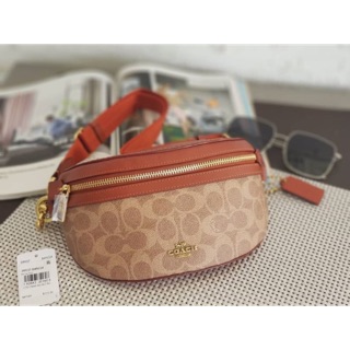 Coach Belt Bag In Signature Canvas TAN/RUST/BRASS  7 3/4" (L) x 4 1/4" (H) x 1 1/2" (W)  STYLE NO. 39937