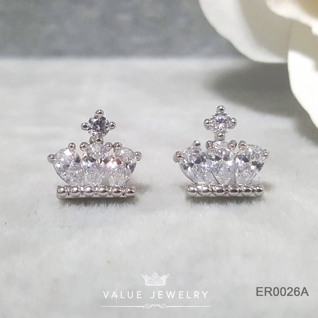 ต่างหูแป้น ฝังคริสตัล ลาย มงกุฎ Crown ขนาดพอเหมาะ ต่างหู ตุ้มหู ขายดี เครื่องประดับ ValueJewelry ER0026