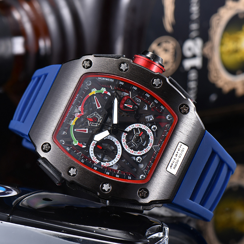 Men RM watch chronograph rubber band stainless steel calendar full ...