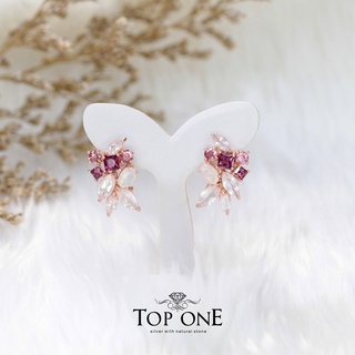 Top1Jewelry ต่างหูเงินแท้ พลอย Rhodolite , Rose Quartz แท้