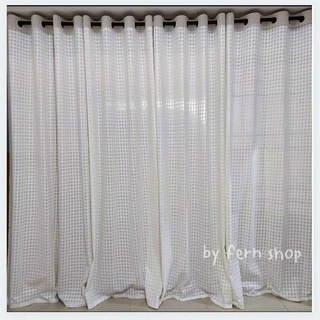 ผ้าม่านผ้าฝ้าย สไตล์มินิมอล ลายตารางสีขาวนวล กว้าง110cm สูง220cm ผ้าม่านหน้าต่าง ผ้าม่านประตู ม่านตาไก่สีขาว(สั่งตัดได้)