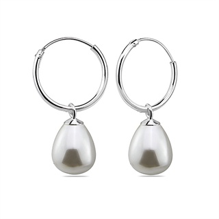 Silver thai Silver thai Sterling Silver 6mm x 11mm Pearl Charm Hoop Earringsต่างหูห่วงเงินแท้ขนาด 6mm x 11m