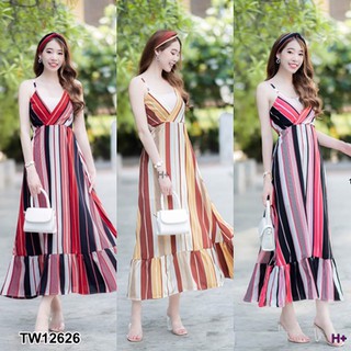 G12626  เดรสสายเดี่ยวยาวลายริ้วสลับสี + ผ้าโพกผม