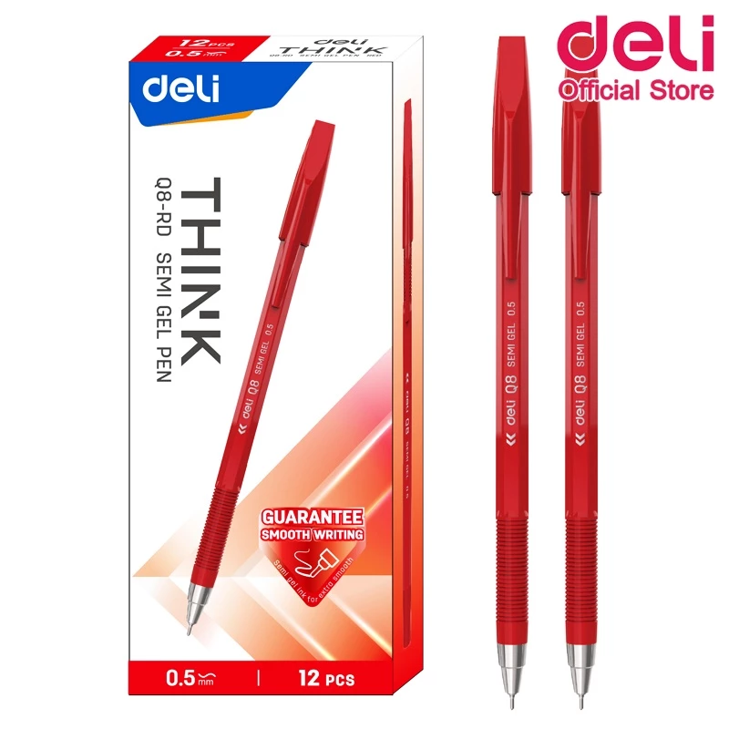 ปากกาเจล Deli หมึกสีแดง 0.5mm (แพ็คกล่อง 12 แท่ง) ปากกาเจล เขียนลื่น ใช้ได้นาน เส้นคมชัด ตีเส้น เขียนได้เรียบเนียน