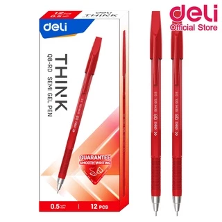 ปากกาเจล Deli หมึกสีแดง 0.5mm (แพ็คกล่อง 12 แท่ง) ปากกาเจล เขียนลื่น ใช้ได้นาน เส้นคมชัด ตีเส้น เขียนได้เรียบเนียน