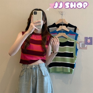 JJ shop💜 พร้อมส่ง   เสื้อกล้ามไหมพรมทรงครอปสั้น ลายทางสีๆใส่สบายผ้านิ่ม "85119"