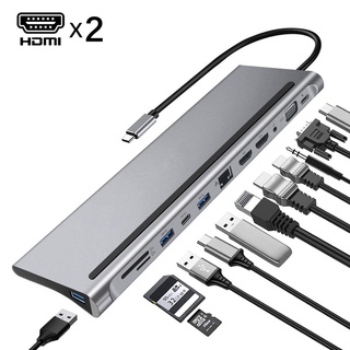 12in1 ฮับ Type-C HDMI*2 VGA Audio TF SD Ethernet PD USB-C สําหรับแล็ปท็อป Macbook pro