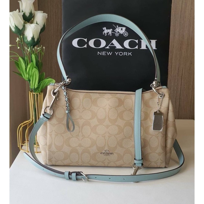 (ผ่อน0%) กระเป๋าสะพายข้าง Coach F73177✨ Small Mia shoulder Bag ลายซี สีฟ้า
