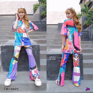 TW14405 Set 2 ชิ้น เสื้อยืดโอเวอร์ไซส์ แขนสั้น กับกางเกงขายาว ทรงขากระดิ่ง เนื้อผ้าไมโครพิมพ์ลายแบรนด์ดัง ผ้ายืดนิ่มๆ