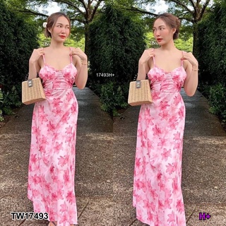 J17493 แม็กซี่เดรสสายเดี่ยว ผูกเชือกหลัง ลายดอก One-shoulder maxi dress with lace-up back, floral print.