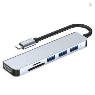 6-in-1 ฮับ Type-C อะลูมิเนียมอัลลอย พร้อมช่องเสียบการ์ด TF SD USB3.0 USB2.0 HD