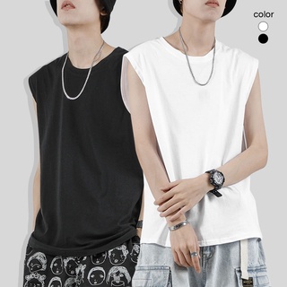 เสื้อแขนกุดสีพื้น เสื้อกล้ามคอกลม สีขาว-ดำ  ST15