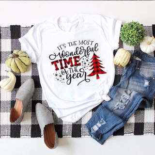 เสื้อยืด Christmas Tree Print Women Summer T Shirt Cotton T Shirt O-Neck Short Sleeve Casual Simple Lady Tee Tops