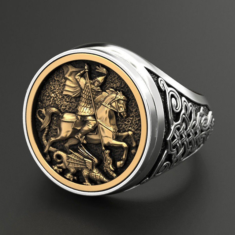 แฟชั่น 925 เงินสเตอร์ลิงบุรุษแหวนทูโทน 18K Gold Spirit of The Warrior อัศวินโบราณสไตล์ชาติพันธุ์ Punk เครื่องประดับ Mens ไวกิ้งมังกรสแตนเลส Celtic Knot แหวน