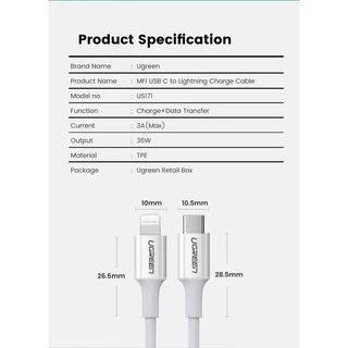 UGREEN สายชาร์จ USB C เป็น USB 20W 1.5 เมตร สำหรับ ไอโฟน12 11 X XS XR 8 7