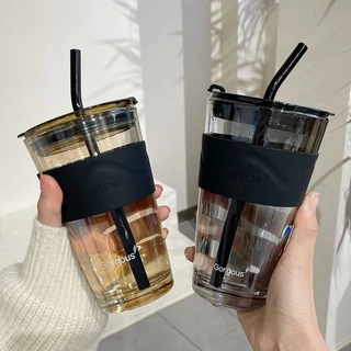 Gorgous แก้วใส ใส่กาแฟ แก้วกระจก น้ำดื่ม เหมาสำหรับพนักงานออฟฟิศ เรียบง่าย คุณภาพดี พร้อมฝาและหลอด