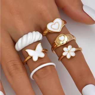 แหวนทองเซ็ตสีขาว 6pcs White Flower/Heart/Butterfly Detail Ring