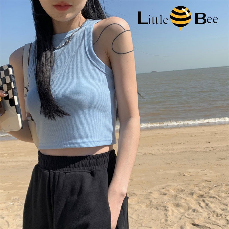 littlebee 13509 เสื้อกล้ามสีฟ้านมหวานและเผ็ด สวมใส่ได้ทั้งภายในและภายนอก เสื้อครอปแขนกุด 7color