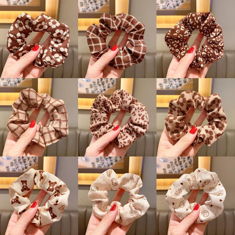 สีน ้ ําตาลผูกผมสาวนักเรียน Polka Dot ยางรัดผมแฟชั ่ น Scrunchies เชือกผมเรียบง ่ าย