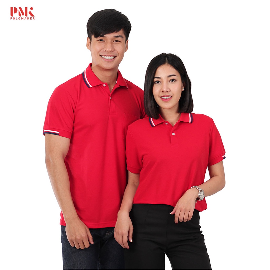 PMK - Kaneko PK103 สีแดง - เสื้อโปโล ขลิบขาว-น้ำเงิน ไม่ยับ อยู่ทรง