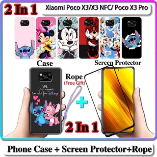 2 IN 1 เคส Xiaomi Poco X3 X3 NFC Poco X3 Pro เคส พร้อมกระจกนิรภัยโค้ง ป้องกันหน้าจอเซรามิค สติทช์ และมินนี่