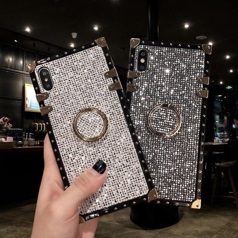 Glitter Diamond Case For Oppo A12 A7 A5S Reno 2Z 2f 10X Zoom Reno2 Realme X A1K A77 F3 Reno 3 A5 A9 2020 Phone Cases Shinning Bling Luxury Fashion Square Soft Cover+Holder Stand