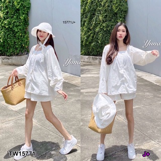 TW15771 Set 3 ชิ้น เสื้อแขนยาวทรงคอเหลี่ยม + กางเกงเอวยางยืดมีกระเป๋าล้วงข้าง + หมวกบัคเกตแบบมีสายผูกโบว์ ผ้าฝ้าย