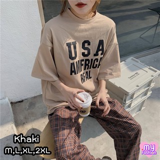 🎴MYF มาใหม่🎴เสื้อยืดคอกลมแขนสั้นสีกากี สกรีนลาย USA ผ้านิ่มเด้ง มีไซส์